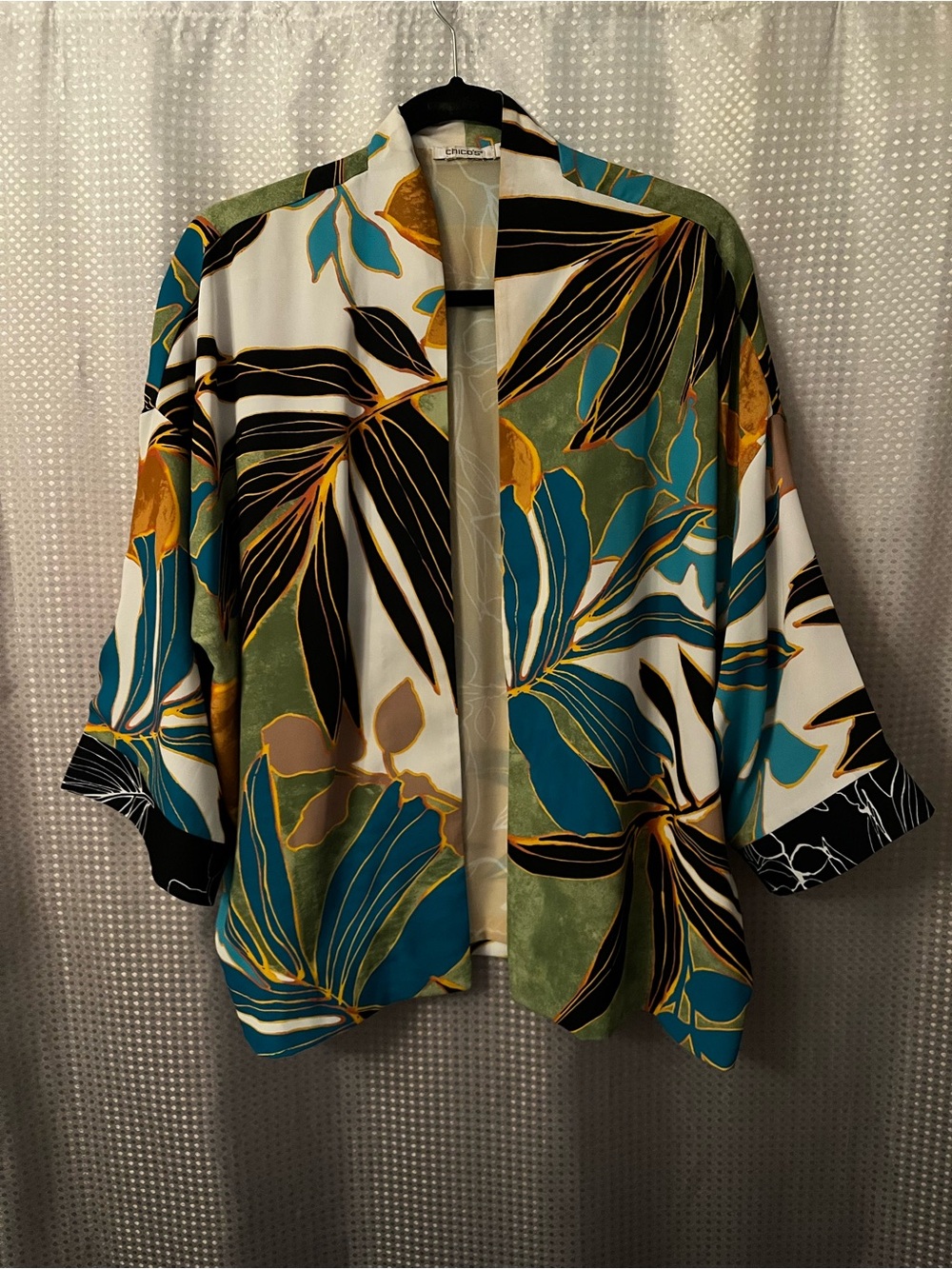 Chico's Multicolor Tropical Print Open Kimono - Teal, Olive & Gold Accents
